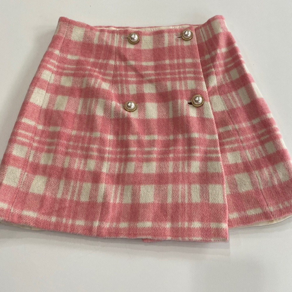 Majorelle revolve pink cream plaid wool skirt pearl buttons sz s